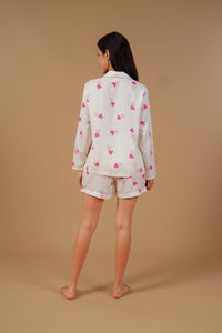 Amy Heart Printed Viscose Twill Women's Shorts Set - Full Sleeves