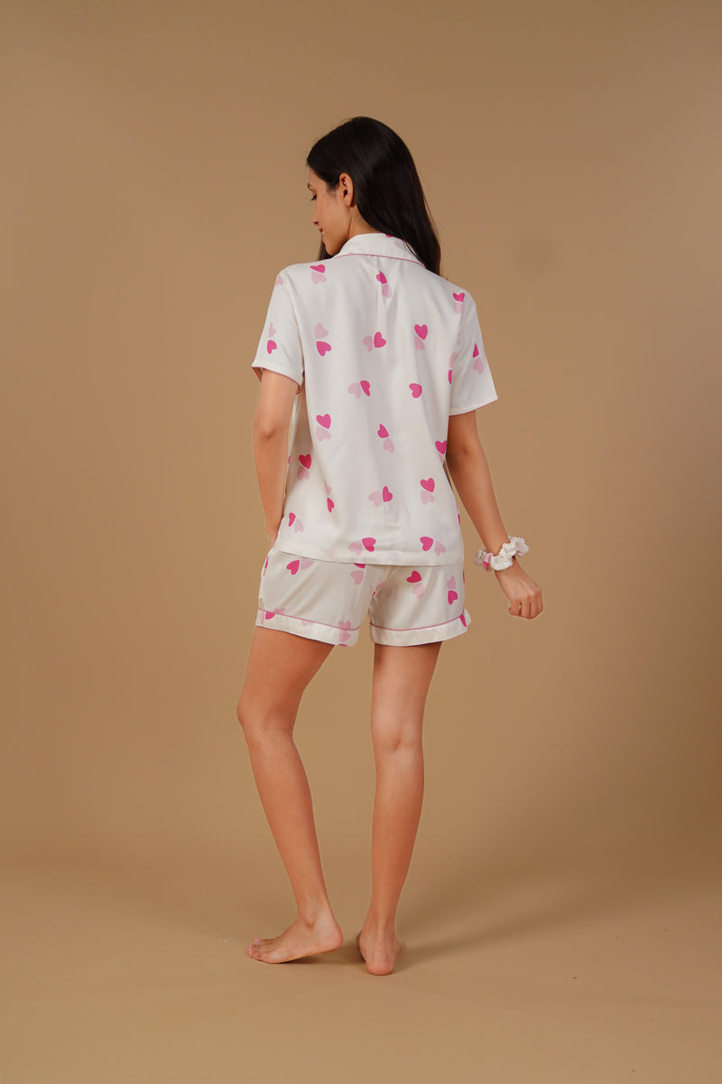 Amy Heart Printed Viscose Twill Women's Shorts Set - Half Sleeves