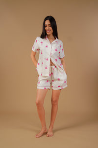 Amy Heart Printed Viscose Twill Women's Shorts Set - Half Sleeves