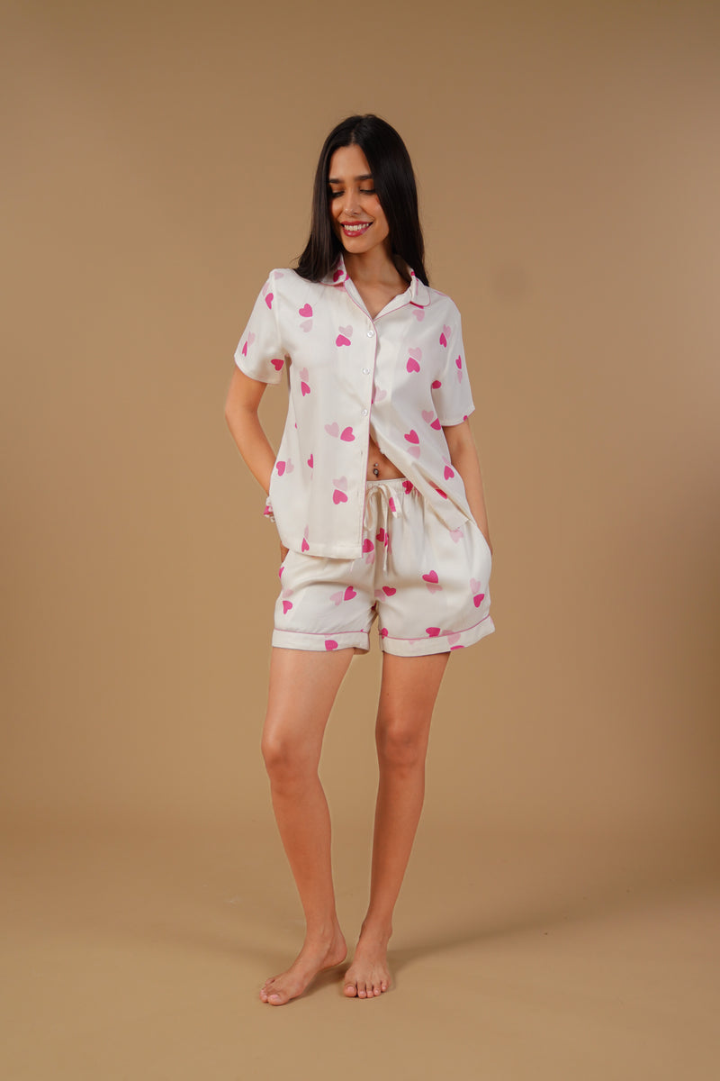 Amy Heart Printed Viscose Twill Women's Shorts Set - Half Sleeves
