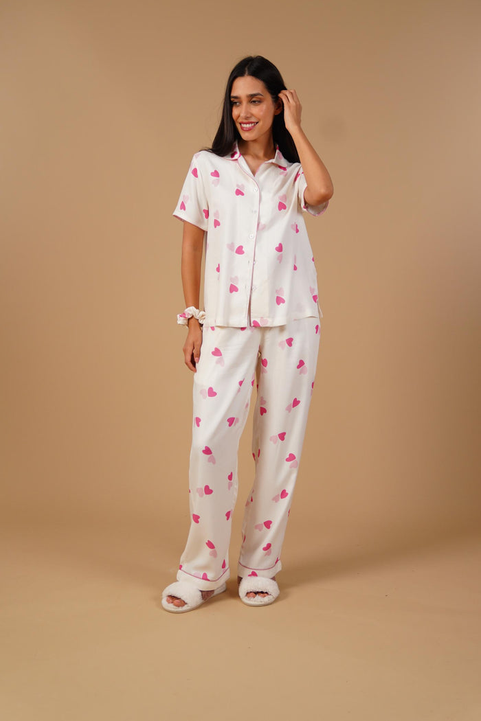 Amy Heart Printed Viscose Women's Pajama Set - Half Sleeves