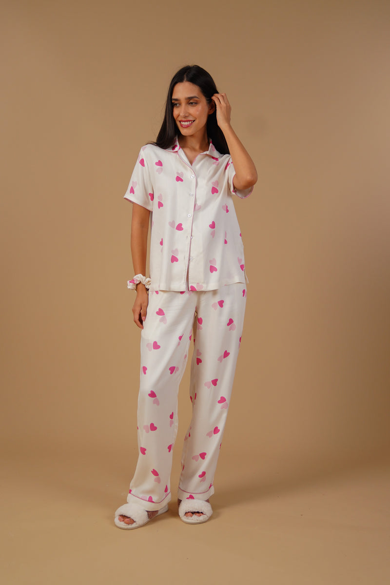 Amy Heart Printed Viscose Twill Women's Pajama Set - Half Sleeves