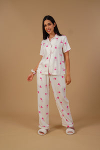 Amy Heart Printed Viscose Twill Women's Pajama Set - Half Sleeves