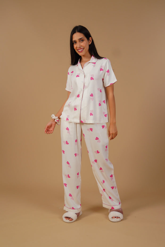 Amy Heart Printed Viscose Twill Women's Pajama Set - Half Sleeves