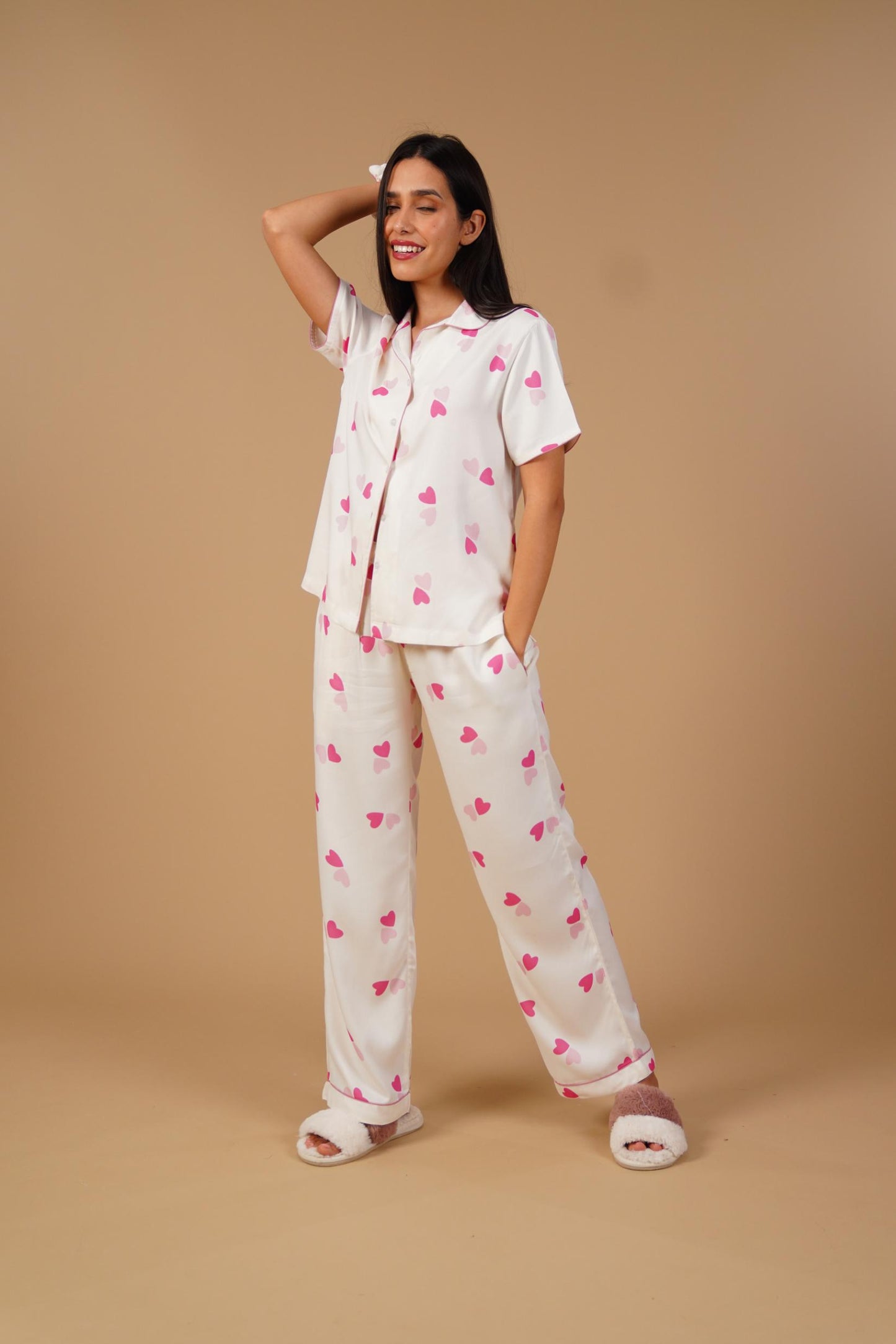 Amy Heart Printed Viscose Twill Women's Pajama Set - Half Sleeves
