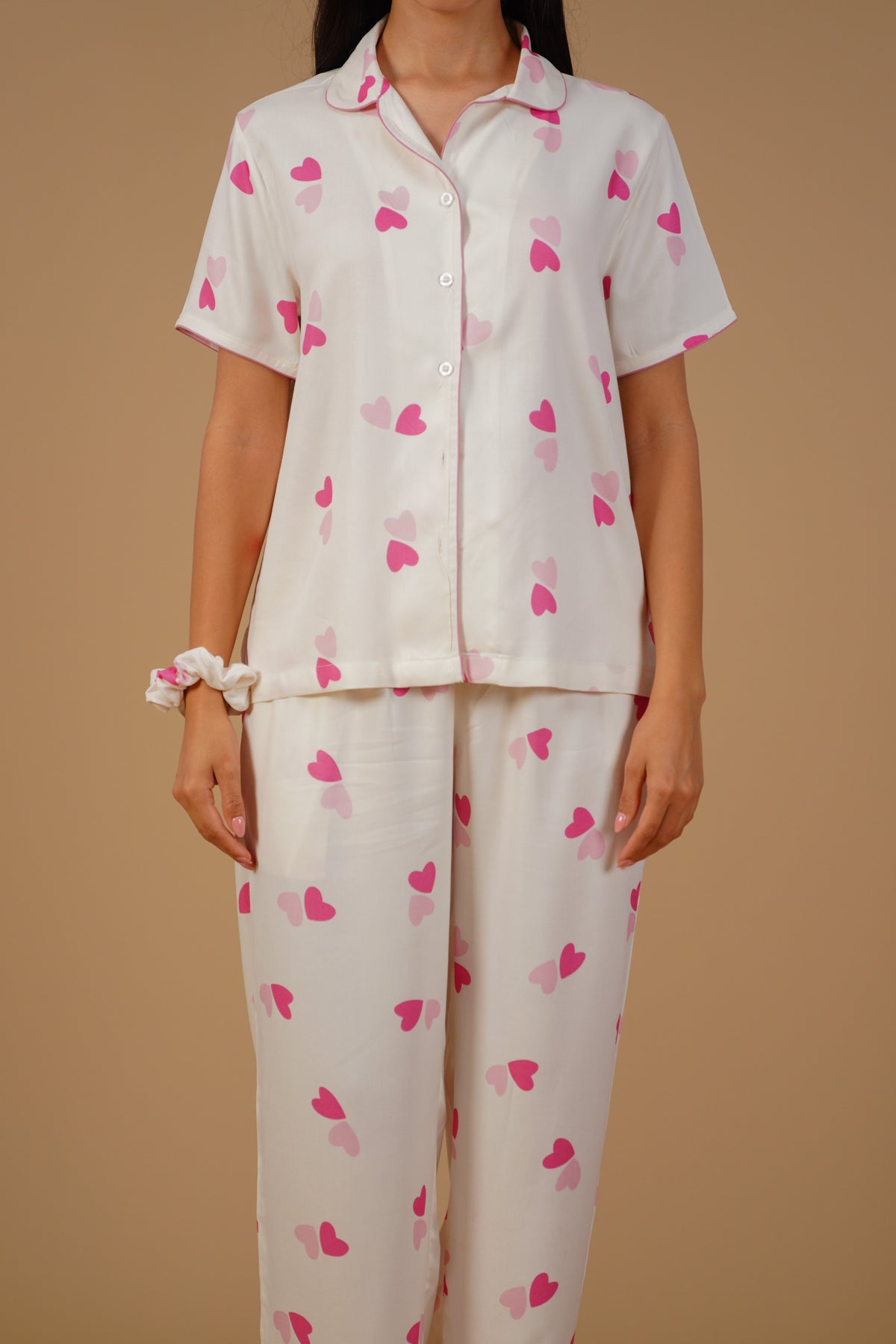 Amy Heart Printed Viscose Twill Women's Pajama Set - Half Sleeves