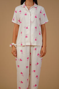 Amy Heart Printed Viscose Twill Women's Pajama Set - Half Sleeves