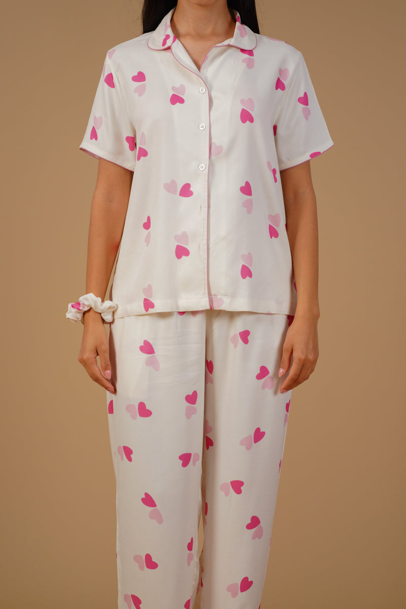 Amy Heart Printed Viscose Twill Women's Pajama Set - Half Sleeves