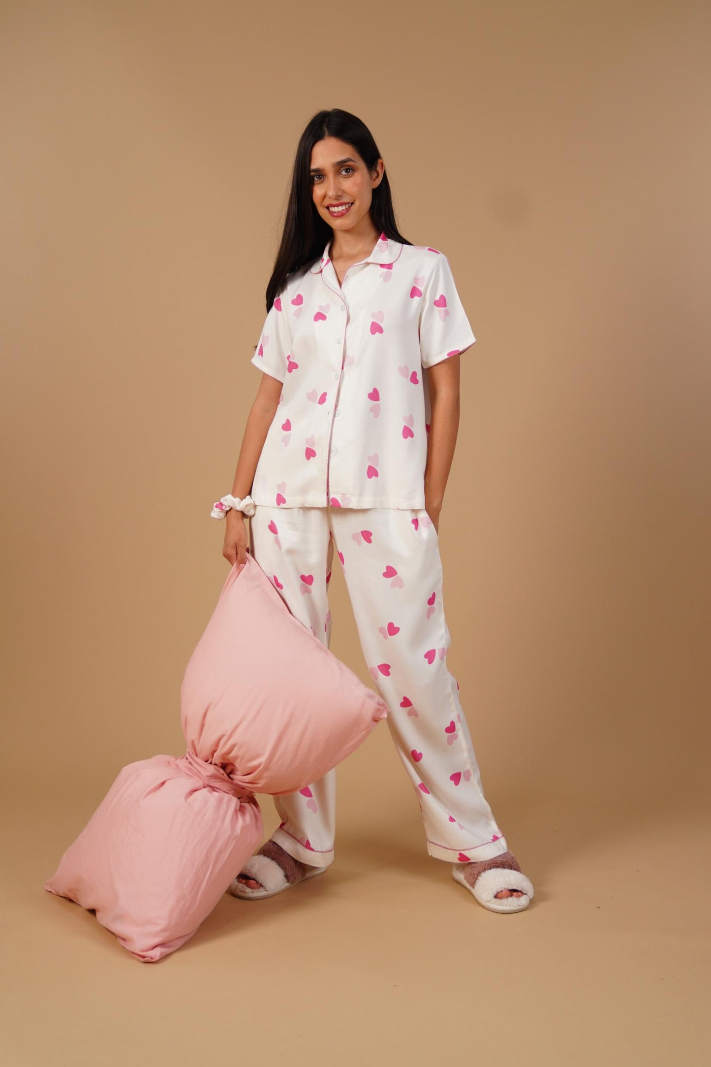 Amy Heart Printed Viscose Twill Women's Pajama Set - Half Sleeves
