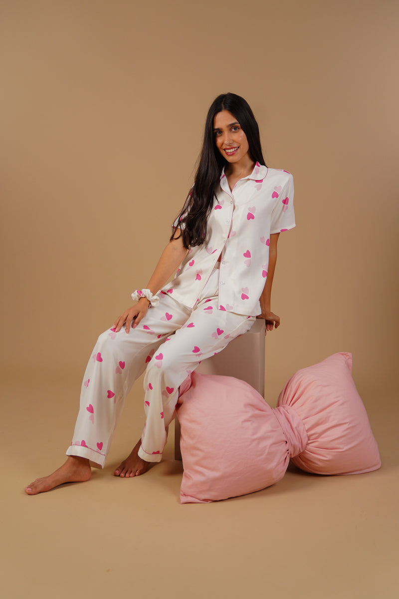 Amy Heart Printed Viscose Twill Women's Pajama Set - Half Sleeves