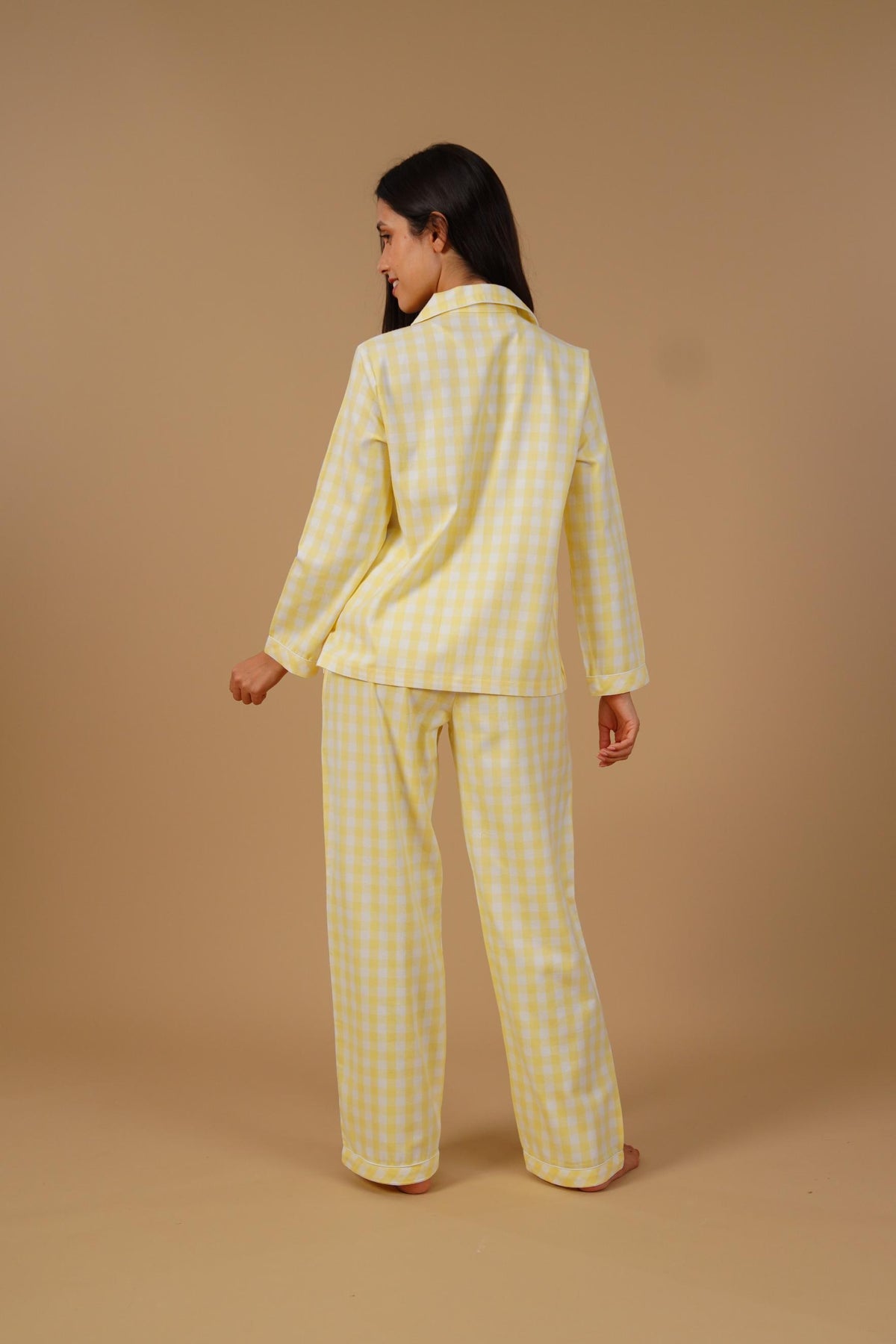 Butter Yellow Checks Cotton Twill Women's Pajama Set - Full Sleeves