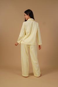 Butter Yellow Checks Cotton Twill Women's Pajama Set - Full Sleeves