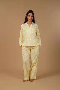 Butter Yellow Checks Cotton Twill Women's Pajama Set - Full Sleeves