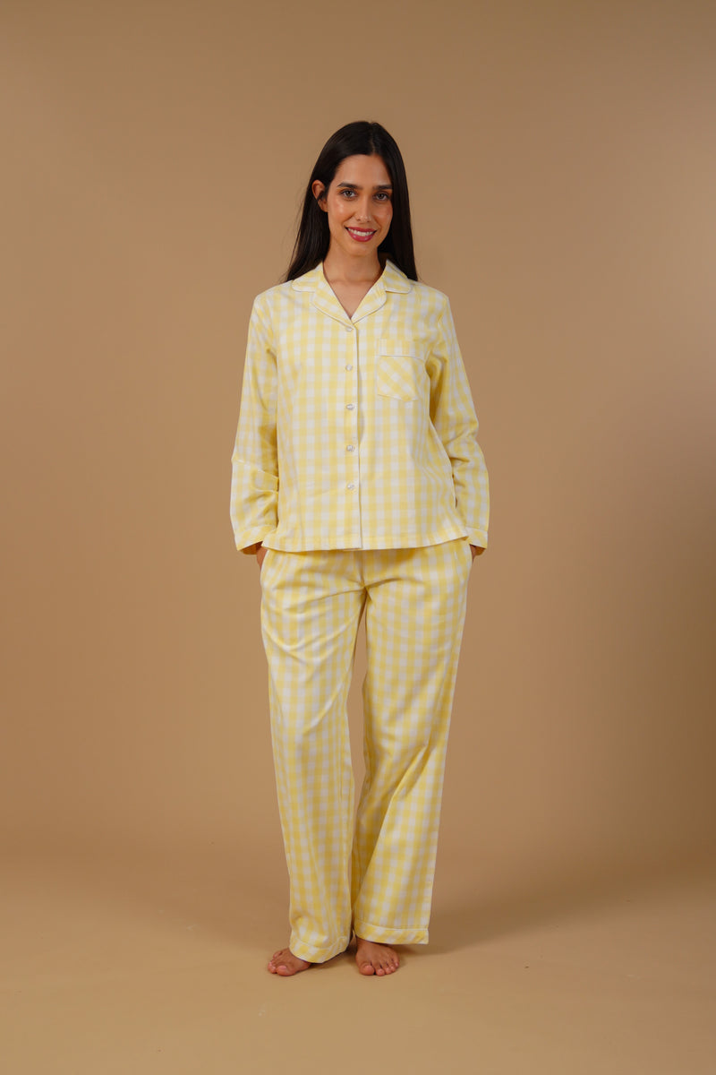 Butter Yellow Checks Cotton Twill Women's Pajama Set - Full Sleeves