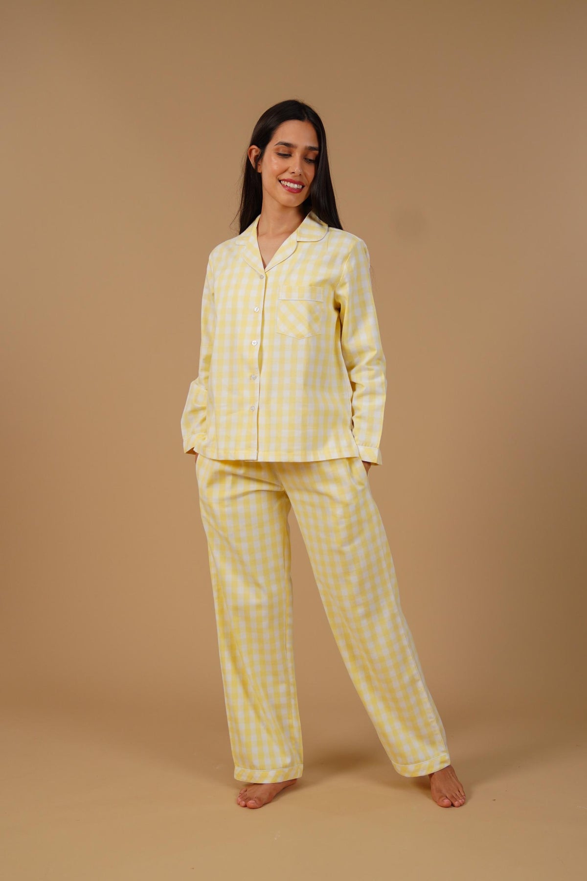Butter Yellow Checks Cotton Twill Women's Pajama Set - Full Sleeves