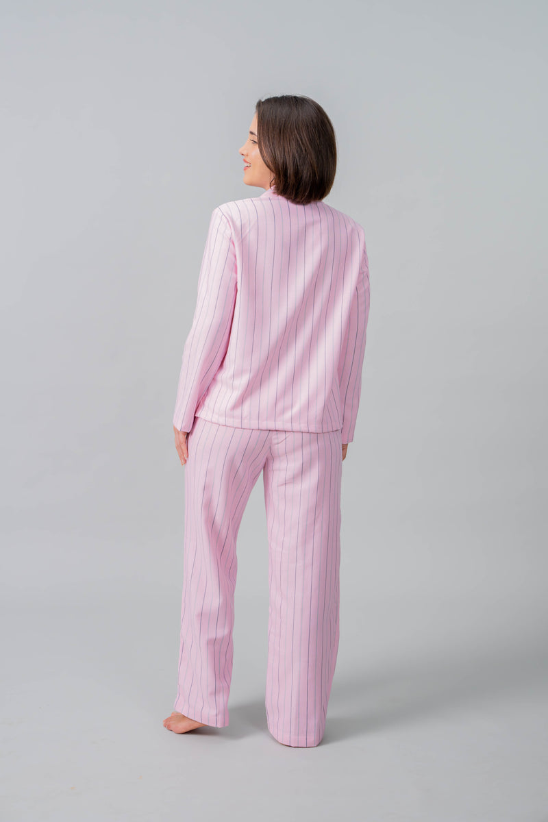 Pink Twill Stripe Cotton Women's Pajama Set- Full Sleeves