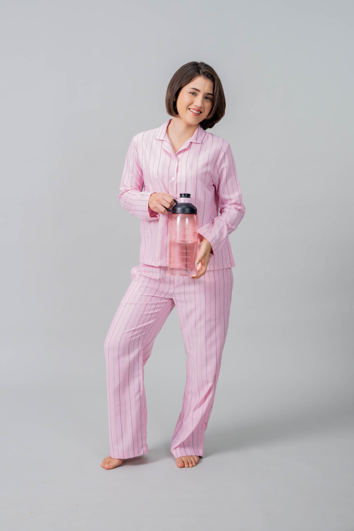 Pink Twill Stripe Cotton Women's Pajama Set- Full Sleeves