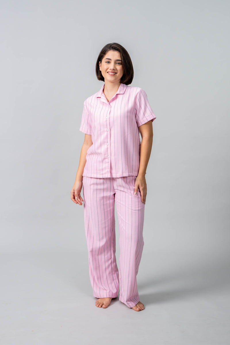 Pink Twill Stripe Cotton Women's Pajama Set- Half Sleeves