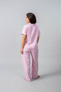 Pink Twill Stripe Cotton Women's Pajama Set- Half Sleeves