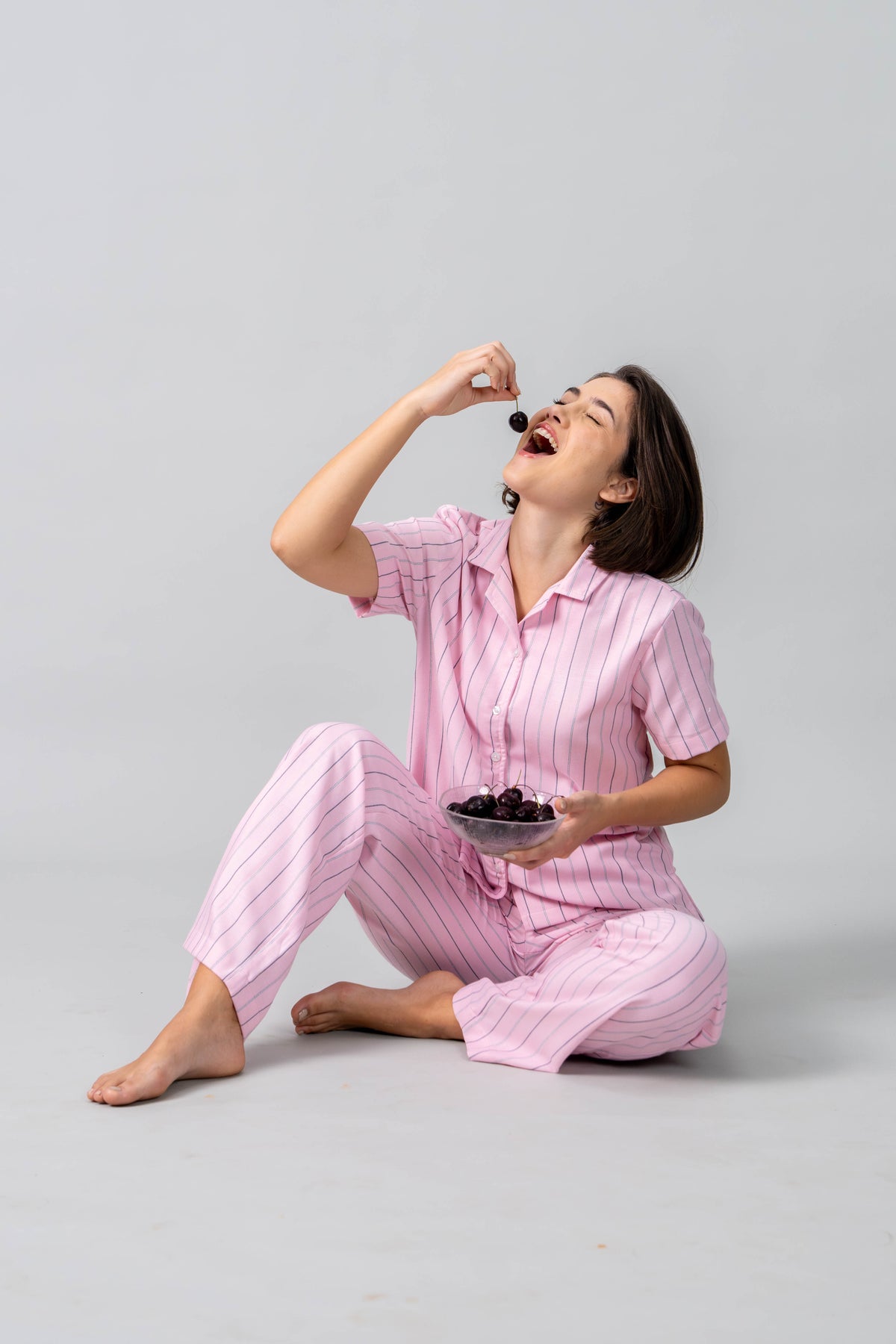 Pink Twill Stripe Cotton Women's Pajama Set- Half Sleeves