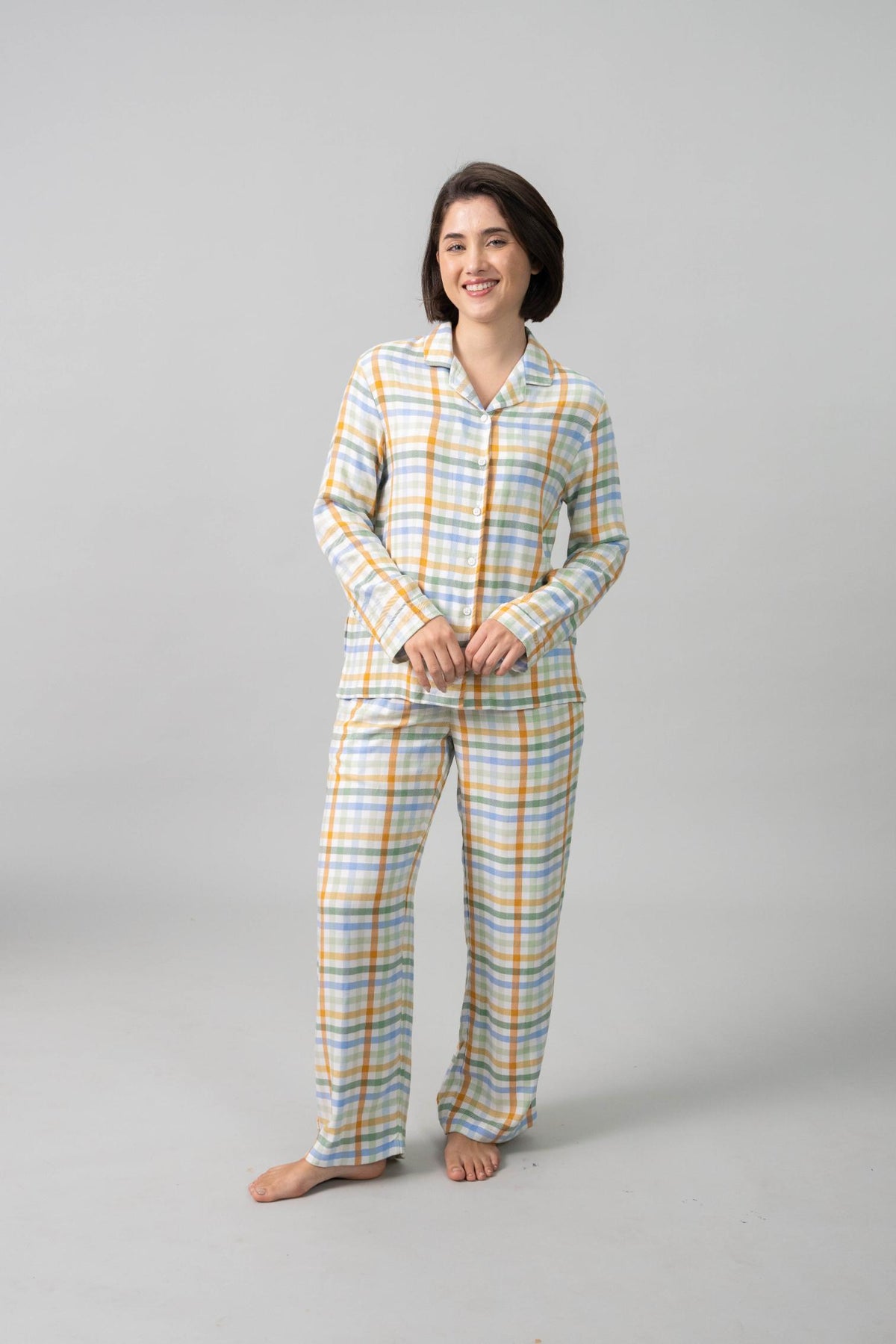 Pastel Check Cotton Blend Women's Pajama Set- Full Sleeves