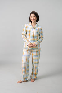 Pastel Check Cotton Blend Women's Pajama Set- Full Sleeves