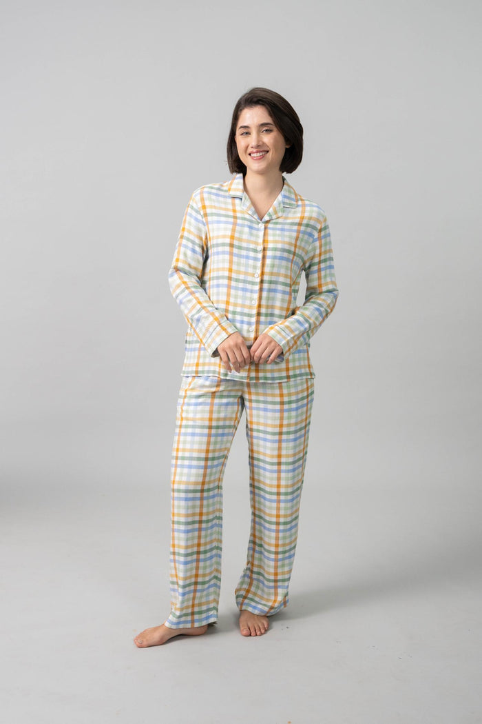 Pastel Check Cotton Blend Women's Pajama Set- Full Sleeves