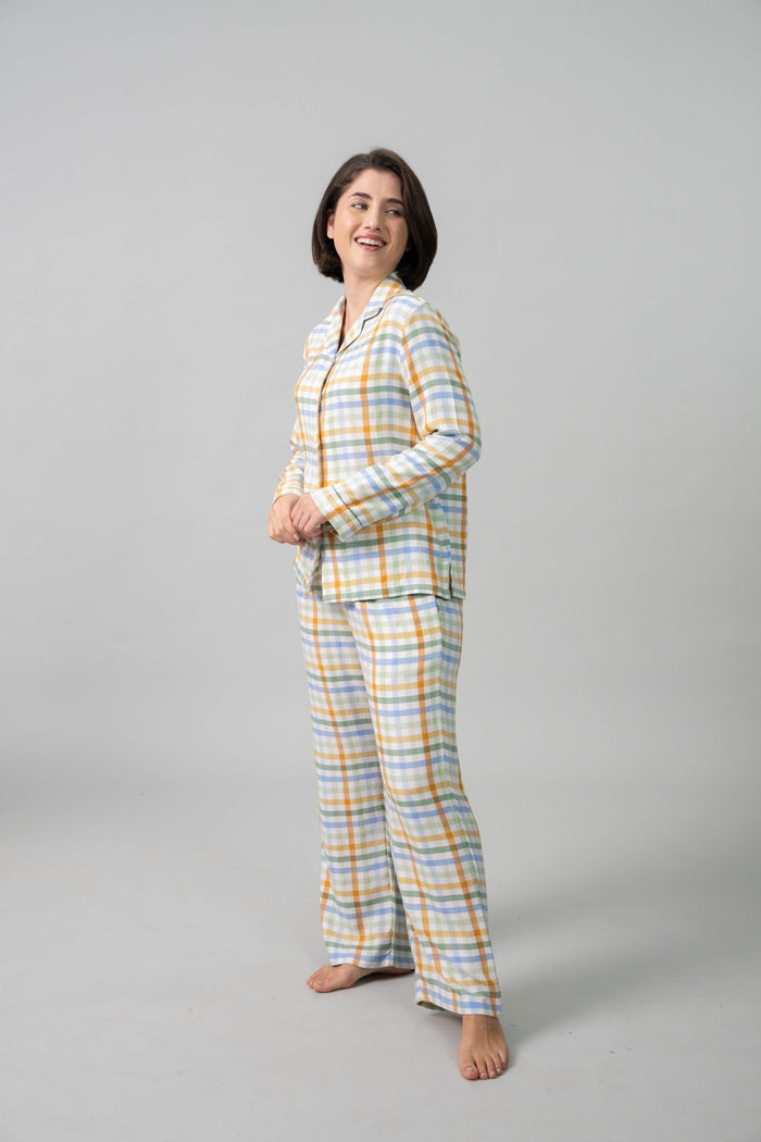Pastel Check Cotton Blend Women's Pajama Set- Full Sleeves