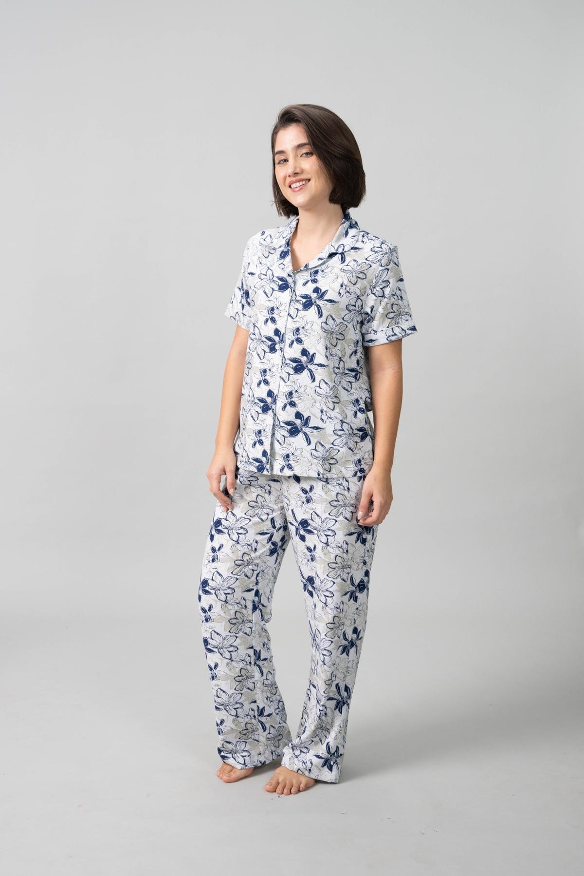Haley White Floral Cotton Blend Women's Pajama Set- Half Sleeves