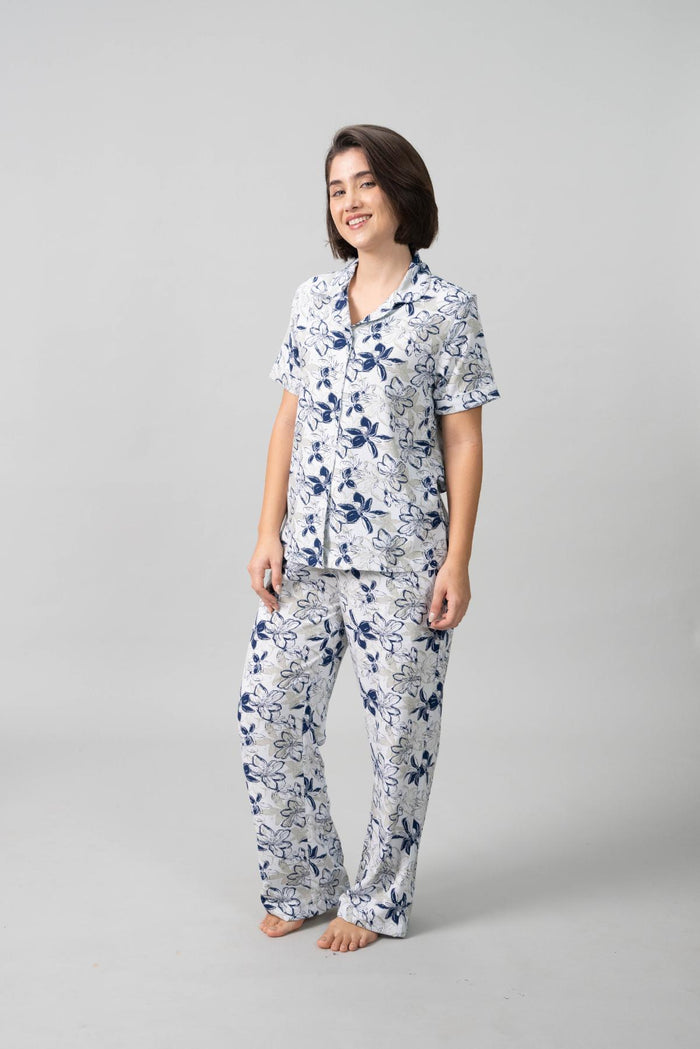Haley White Floral Cotton Blend Women's Pajama Set- Half Sleeves