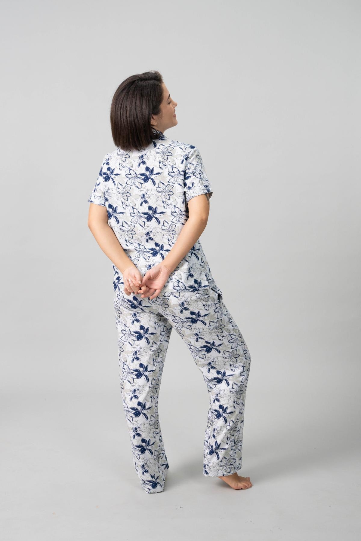 Haley White Floral Cotton Blend Women's Pajama Set- Half Sleeves