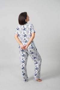 Haley White Floral Cotton Blend Women's Pajama Set- Half Sleeves