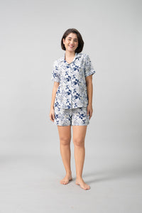 Haley White Floral Cotton Blend Women's Shorts Set- Half Sleeves