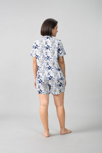 Haley White Floral Cotton Blend Women's Shorts Set- Half Sleeves