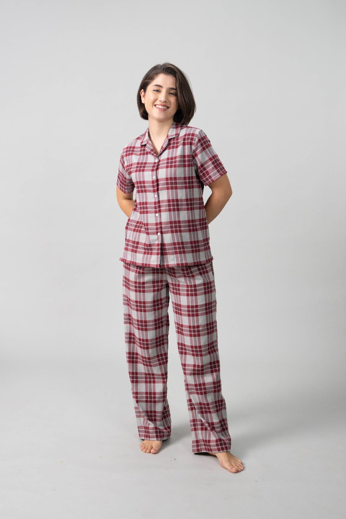 Ruby Plaid Cotton Twill Women's Pajama Set - Half Sleeve