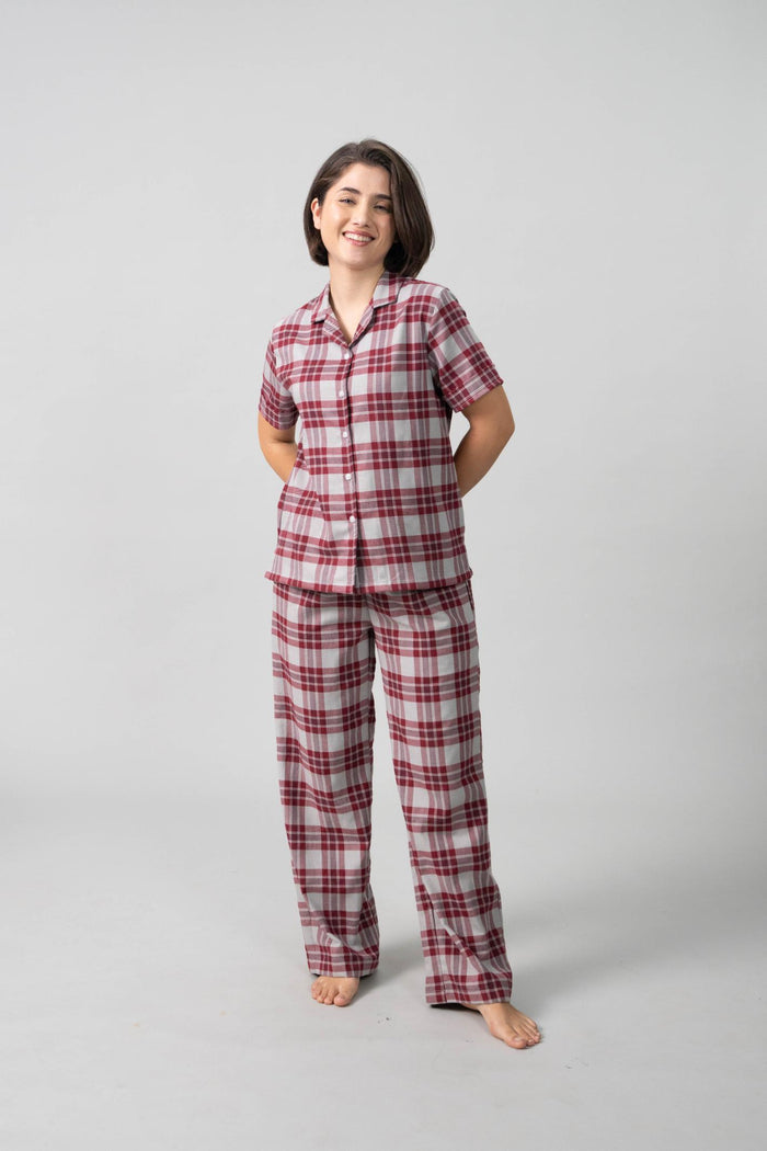 Ruby Plaid Cotton Twill Women's Pajama Set - Half Sleeve