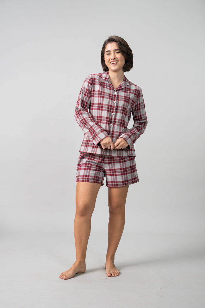 Ruby Plaid Cotton Twill Women's Shorts Set - Full Sleeve