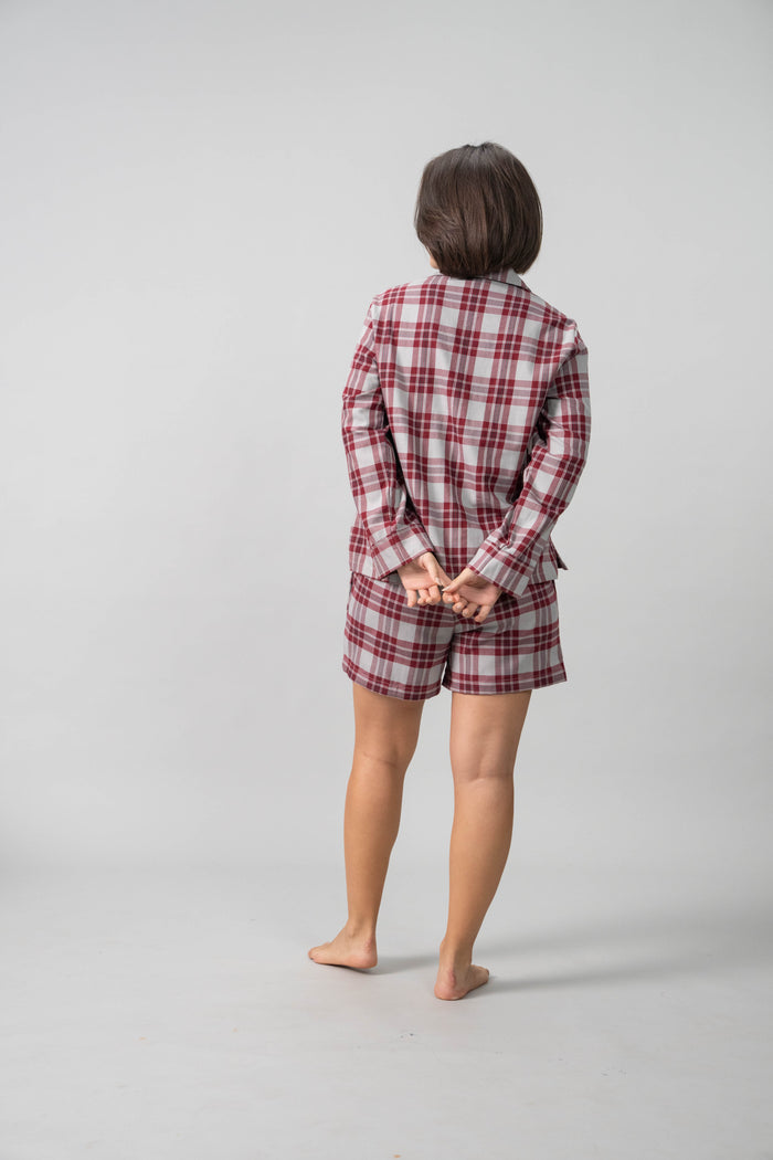 Ruby Plaid Cotton Twill Women's Shorts Set - Full Sleeve