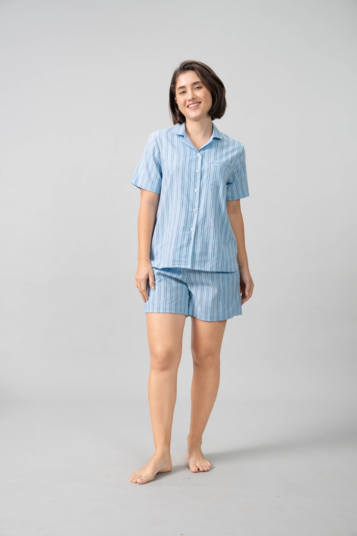 Boyfriend Stripe Cotton Women's Shorts Set- Half Sleeves