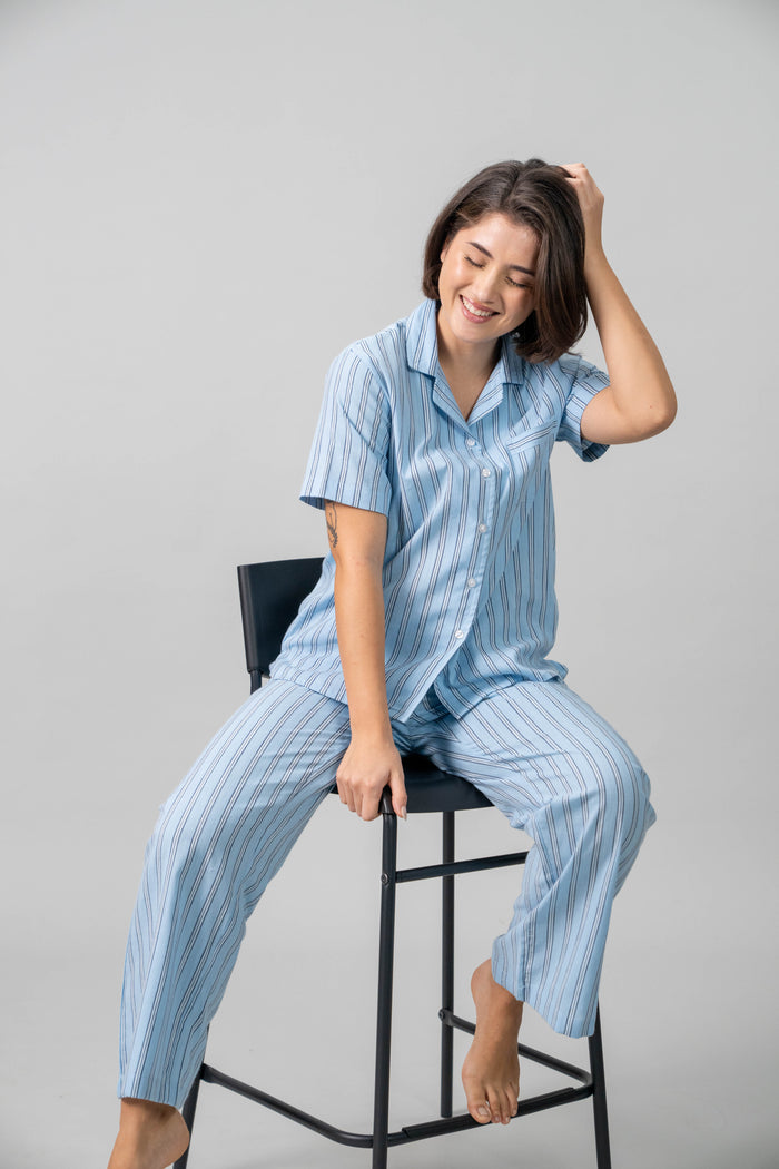 Boyfriend Stripe Cotton Women's Pajama Set- Half Sleeves