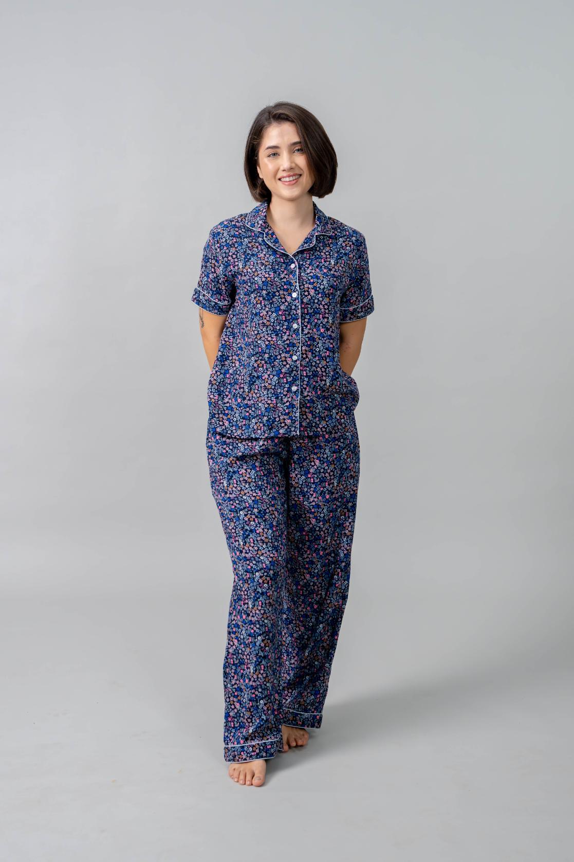 Ditsy Blossom Floral Cotton Blend Women's Pajama Set- Half Sleeves