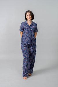 Ditsy Blossom Floral Cotton Blend Women's Pajama Set- Half Sleeves
