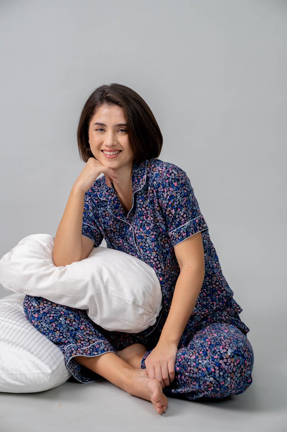 Ditsy Blossom Floral Cotton Blend Women's Pajama Set- Half Sleeves