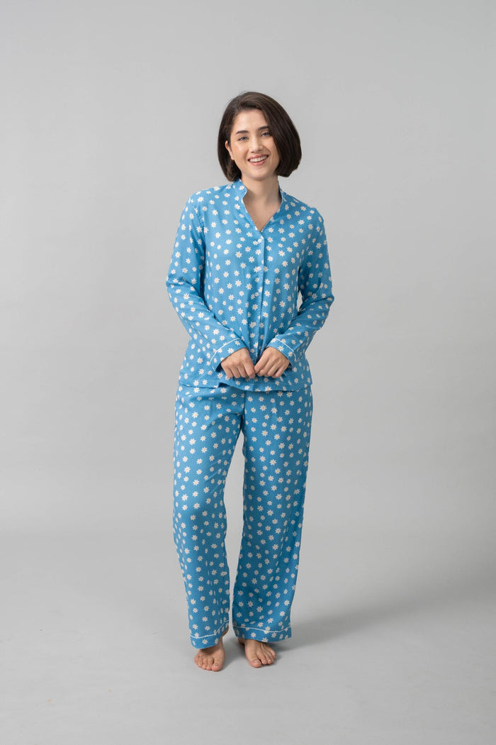 Isabella Blue Floral Cotton Blend Women's Pajama Set- Full Sleeves