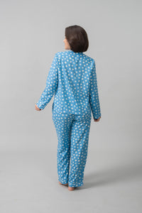 Isabella Blue Floral Cotton Blend Women's Pajama Set- Full Sleeves