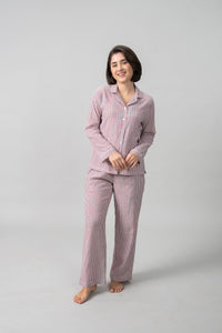 Scarlet Pinstripe Cotton Women's Pajama Set- Full Sleeves