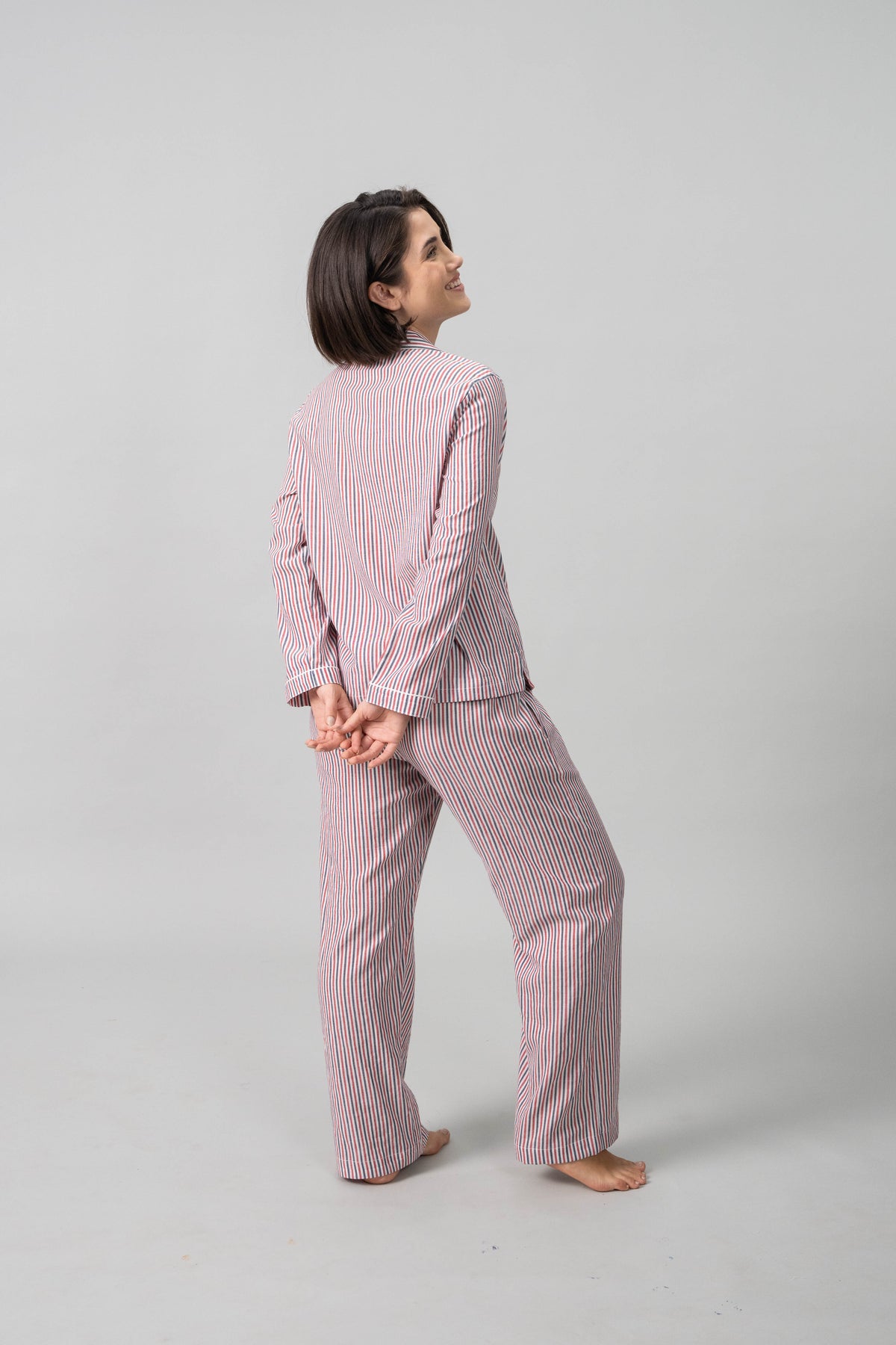 Scarlet Pinstripe Cotton Women's Pajama Set- Full Sleeves