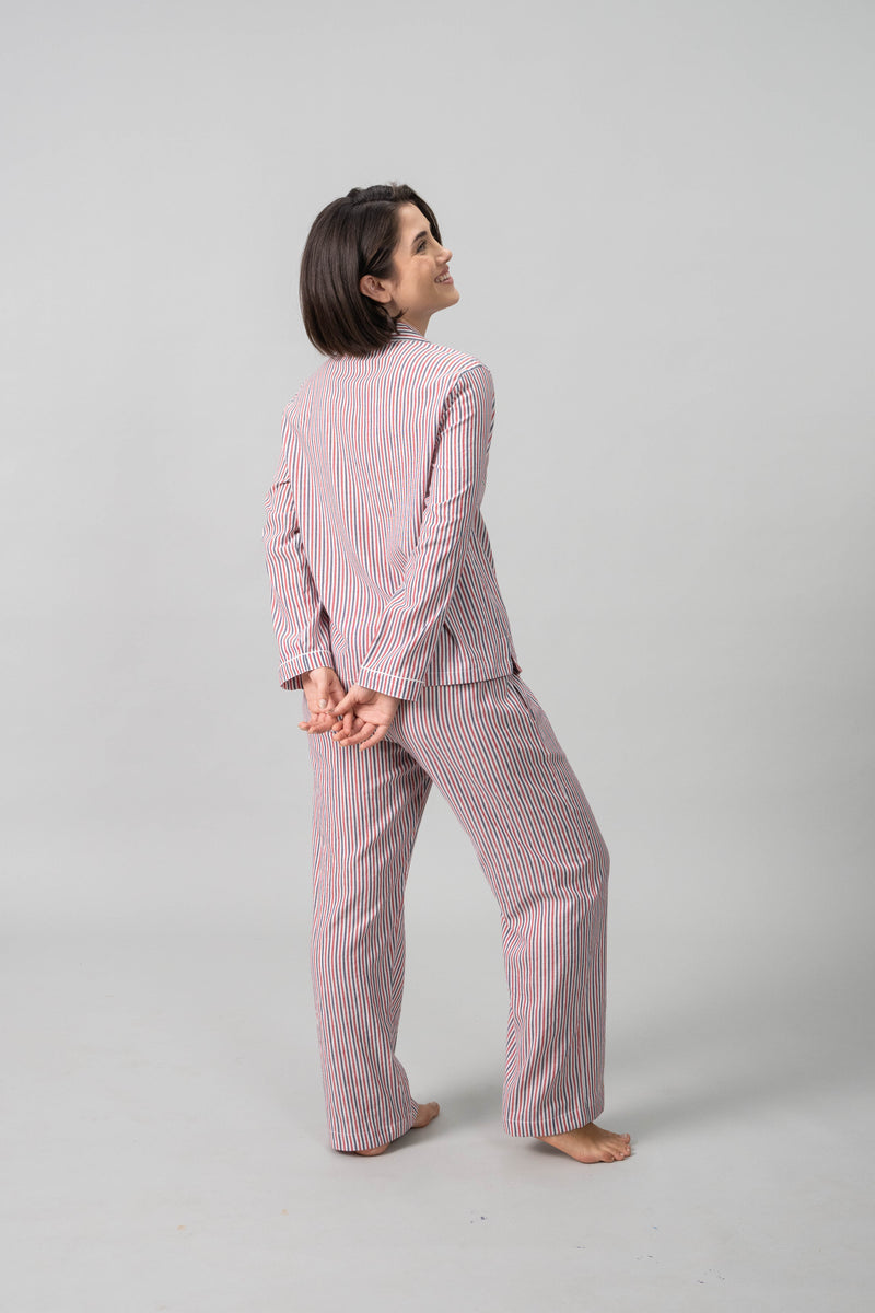 Scarlet Pinstripe Cotton Women's Pajama Set- Full Sleeves