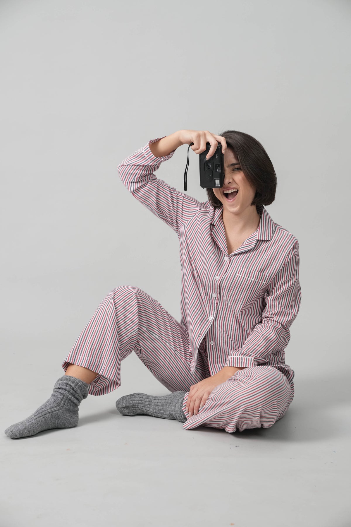 Scarlet Pinstripe Cotton Women's Pajama Set- Full Sleeves