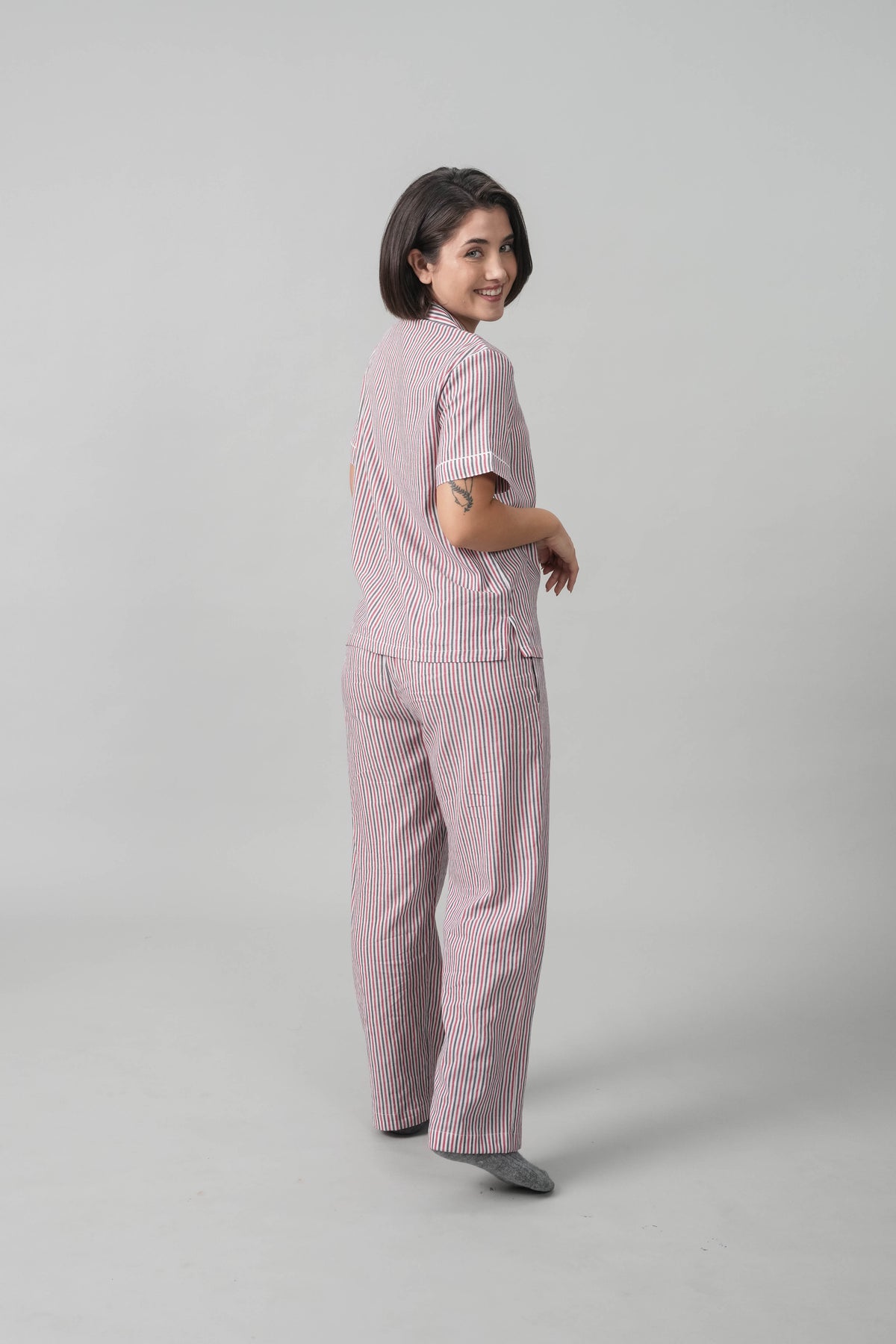 Scarlet Pinstripe Cotton Women's Pajama Set- Half Sleeves